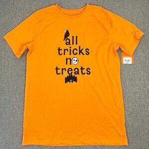 NEW Halloween‎ Shirt Apricot/ Orange All tricks n treats Crow Bat Skull Print